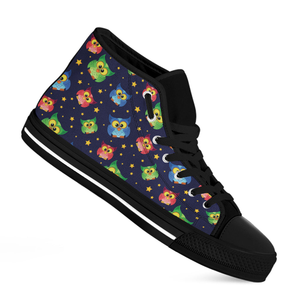 Owl And Star Pattern Print Black High Top Shoes