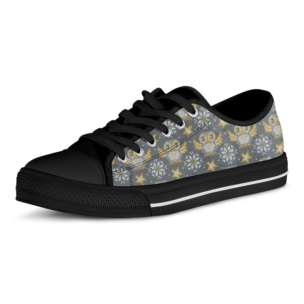 Owl Knitted Pattern Print Black Low Top Shoes