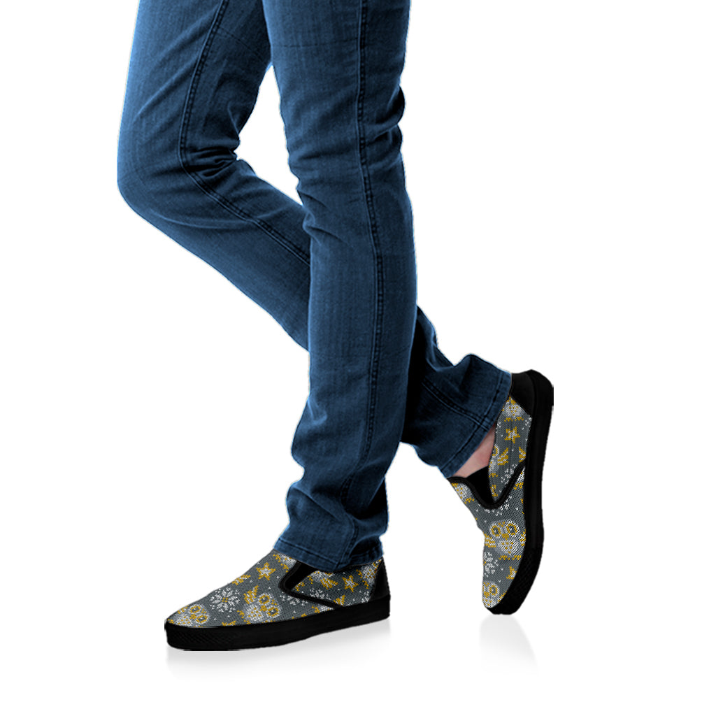 Owl Knitted Pattern Print Black Slip On Shoes