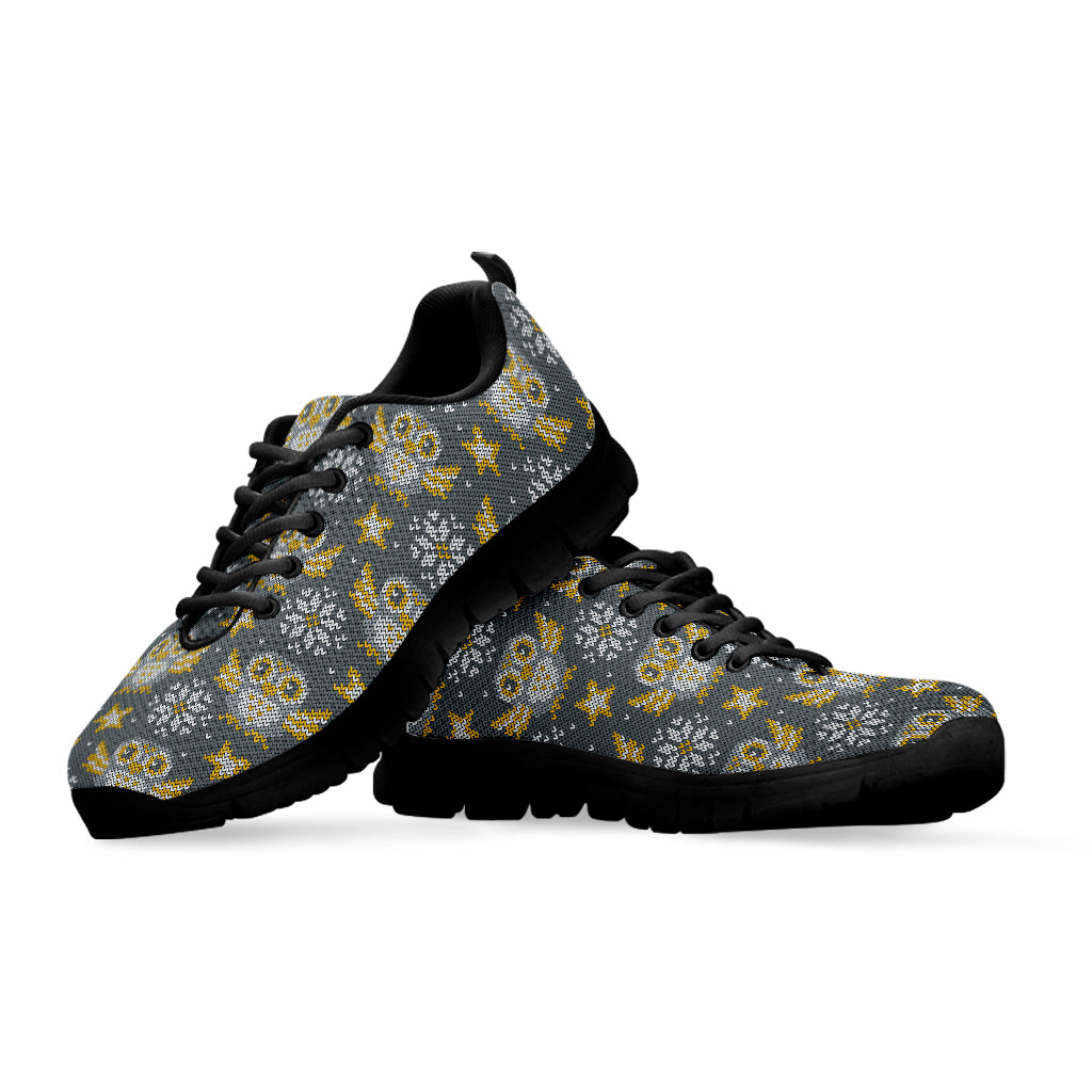 Owl Knitted Pattern Print Black Sneakers