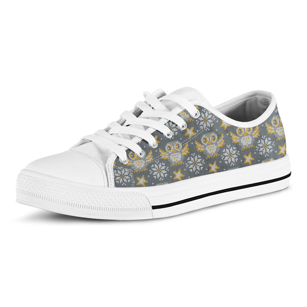 Owl Knitted Pattern Print White Low Top Shoes