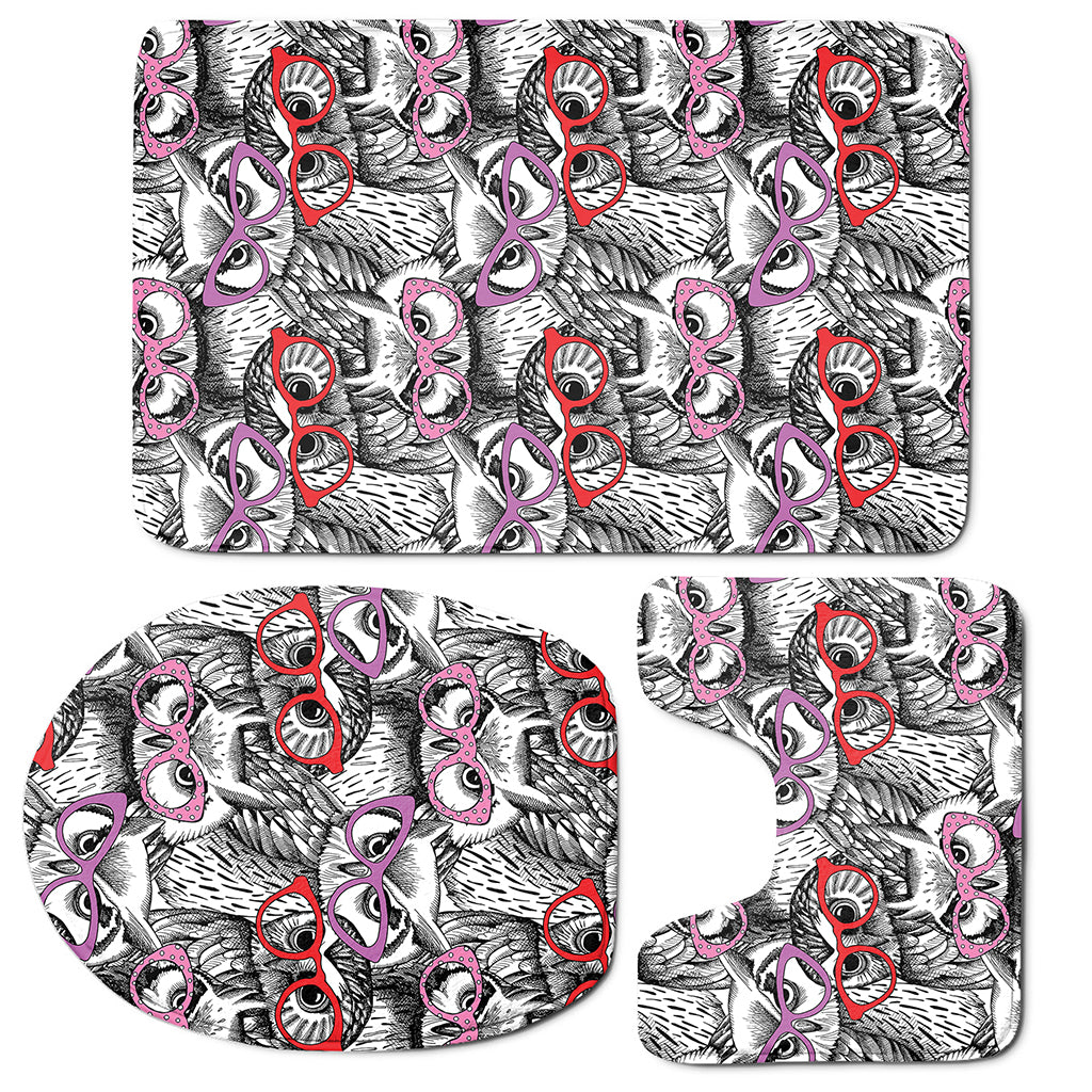 Owl With Glasses Pattern Print 3 Piece Bath Mat Set