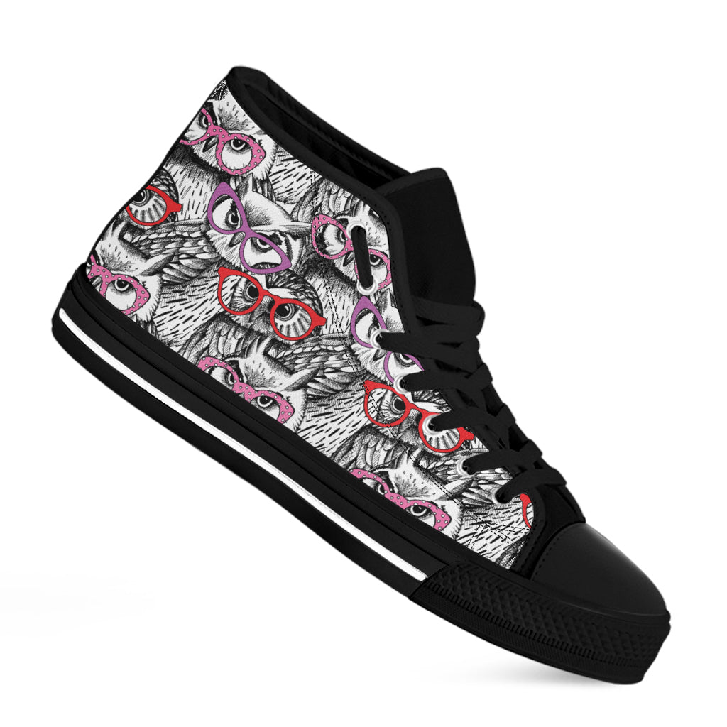 Owl With Glasses Pattern Print Black High Top Shoes