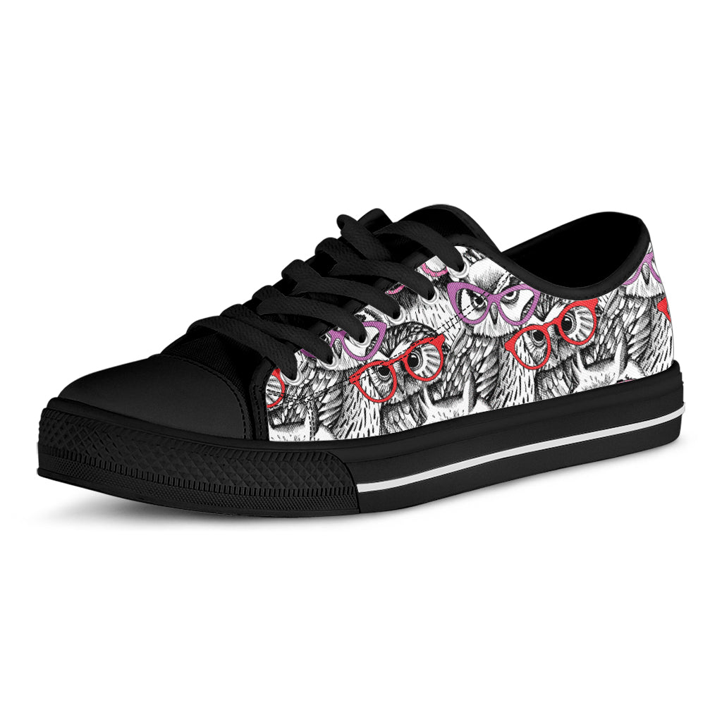 Owl With Glasses Pattern Print Black Low Top Shoes