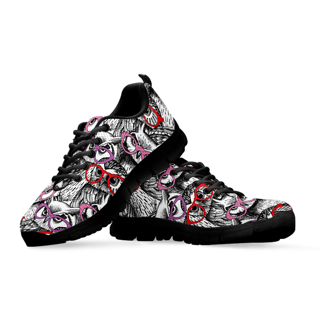 Owl With Glasses Pattern Print Black Sneakers