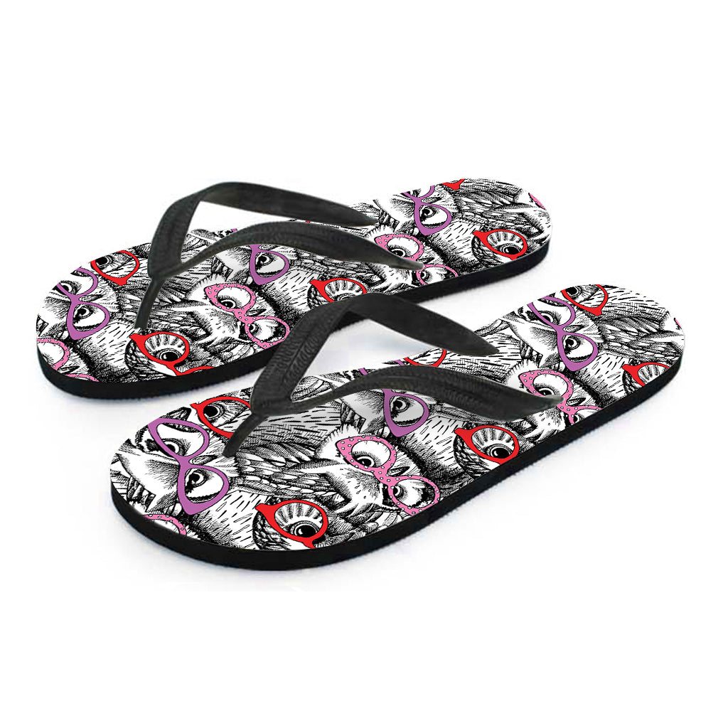 Owl With Glasses Pattern Print Flip Flops