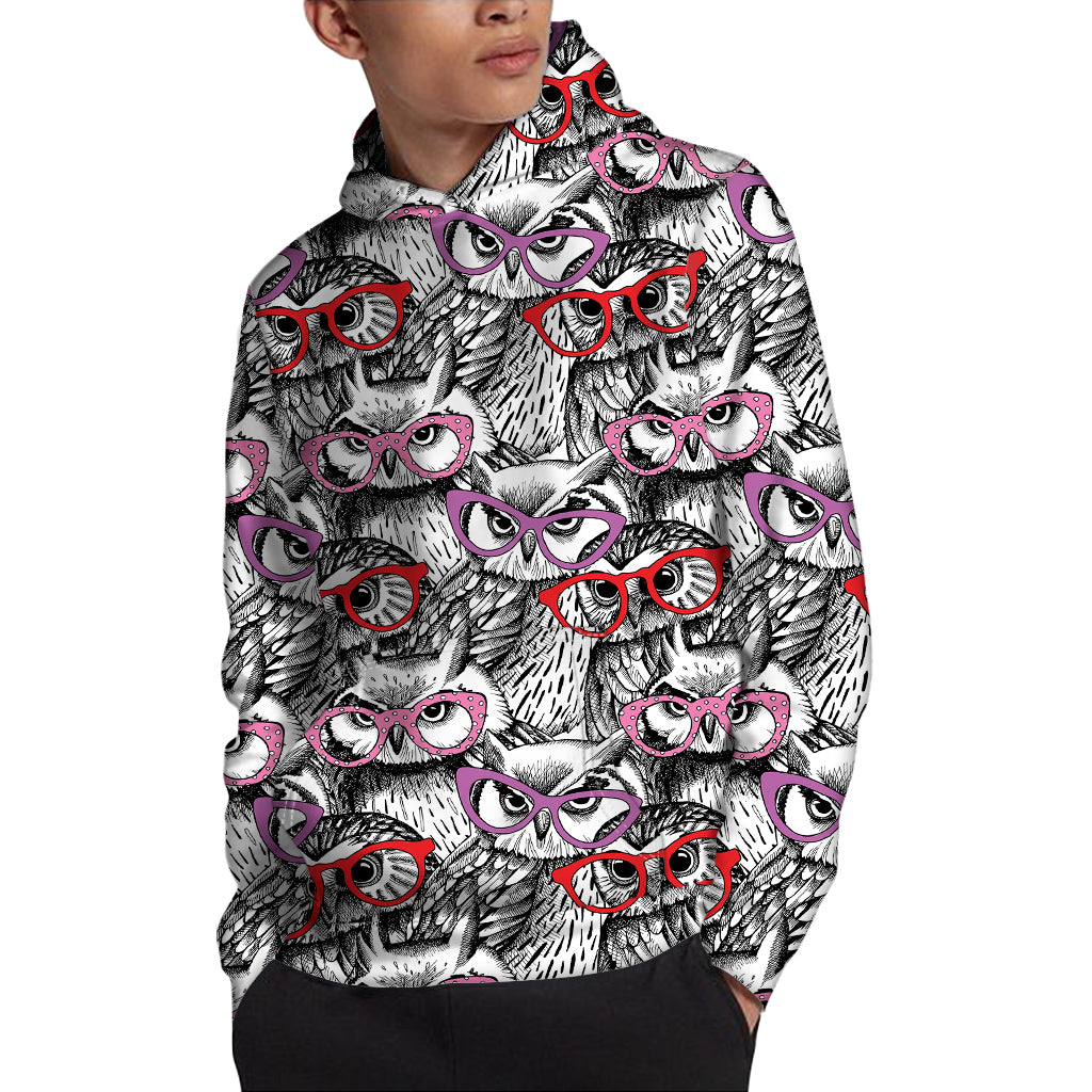 Owl With Glasses Pattern Print Pullover Hoodie