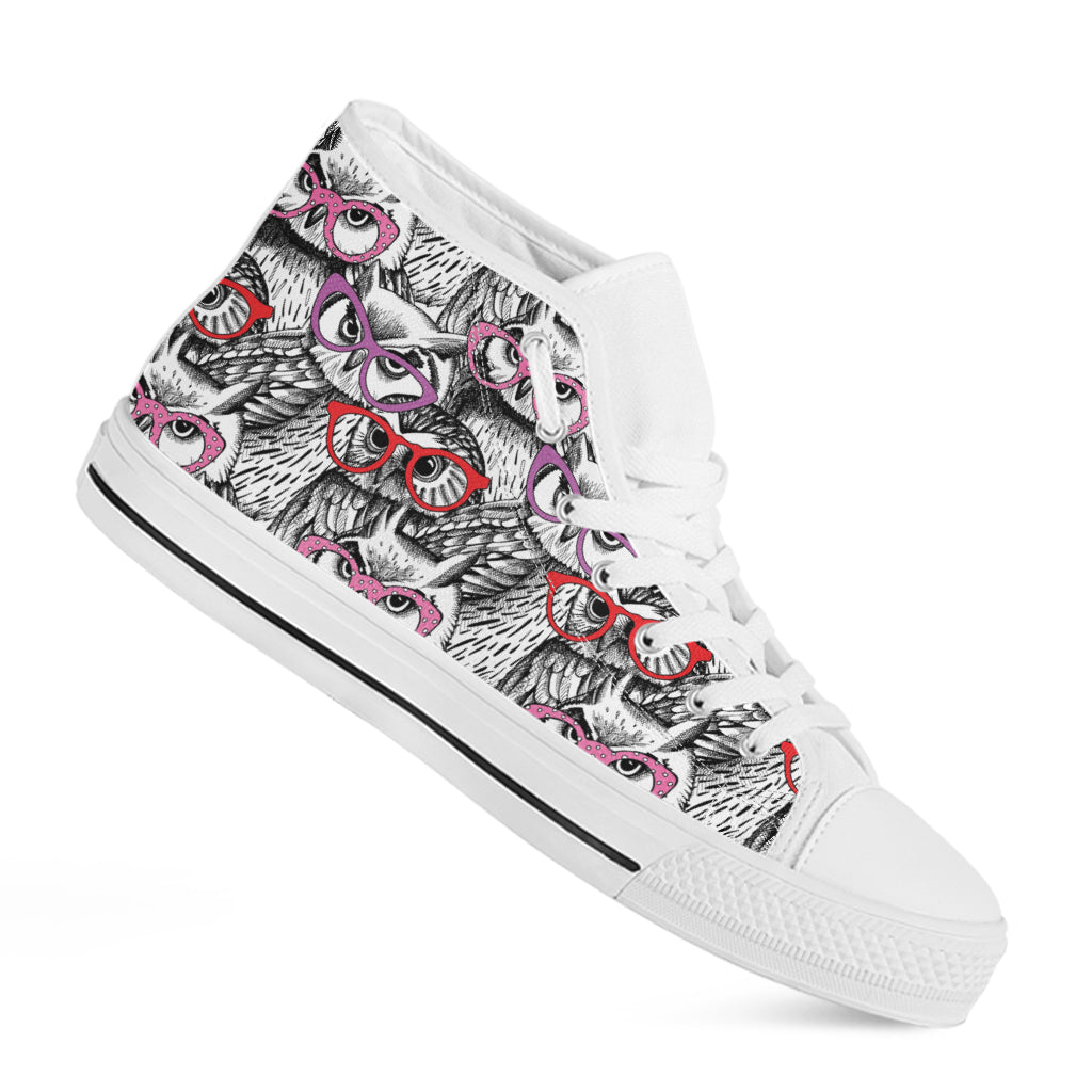 Owl With Glasses Pattern Print White High Top Shoes