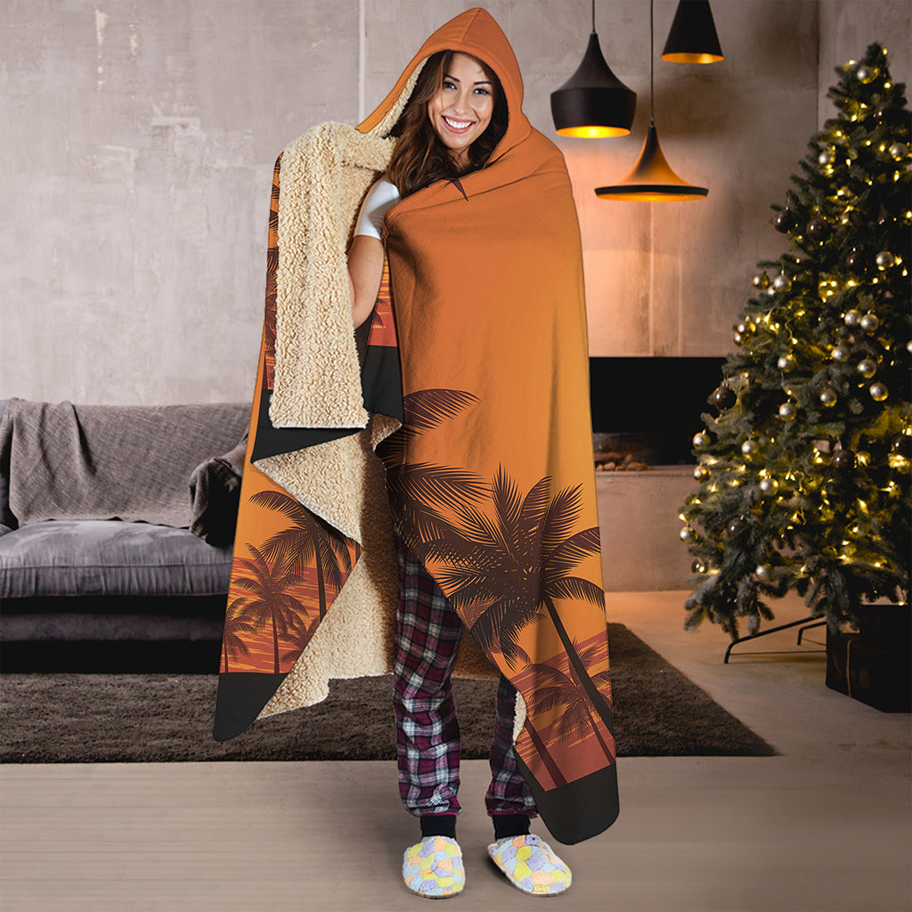 Palm Tree Beach Sunset Print Hooded Blanket