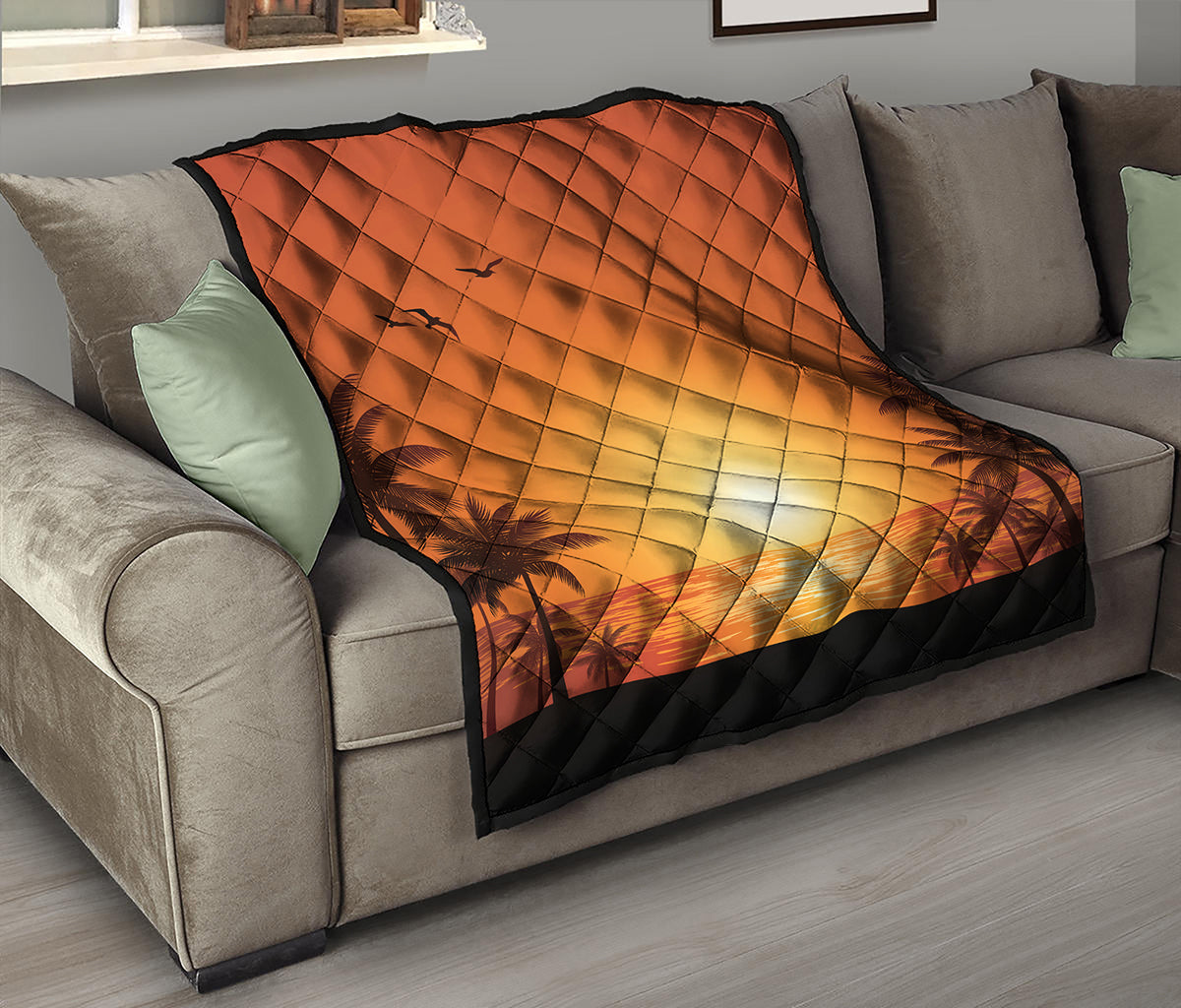 Palm Tree Beach Sunset Print Quilt