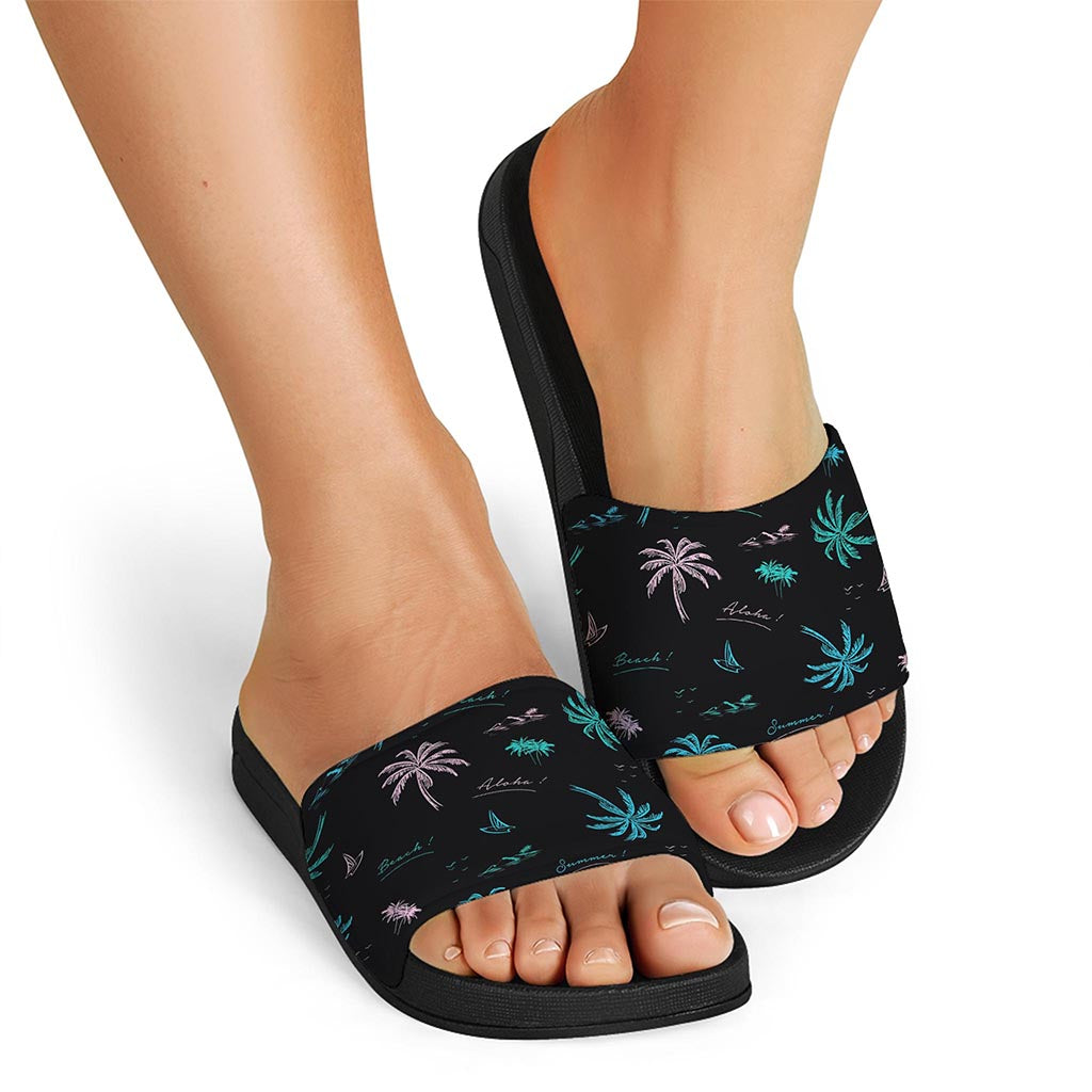 Palm Tree Summer Beach Pattern Print Black Slide Sandals