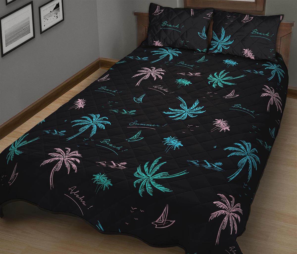 Palm Tree Summer Beach Pattern Print Quilt Bed Set