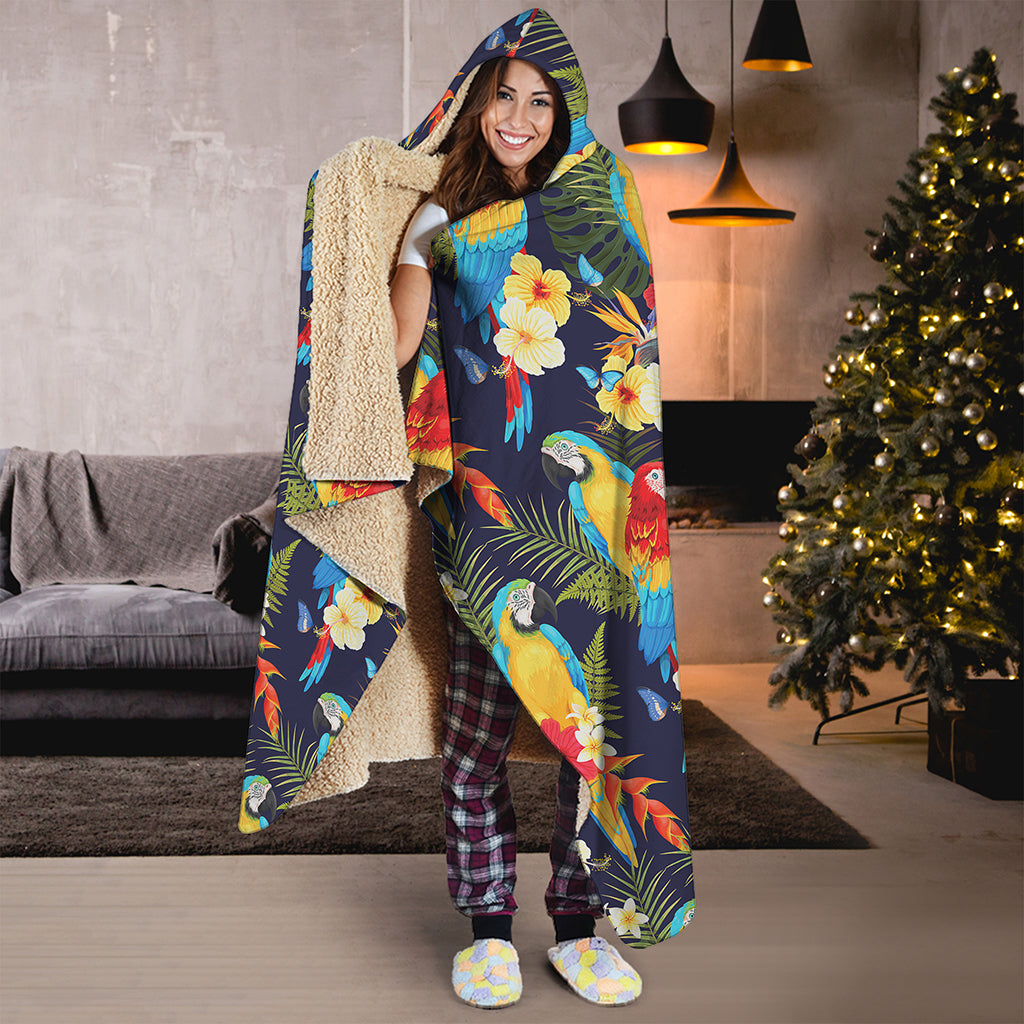 Parrot And Flower Pattern Print Hooded Blanket