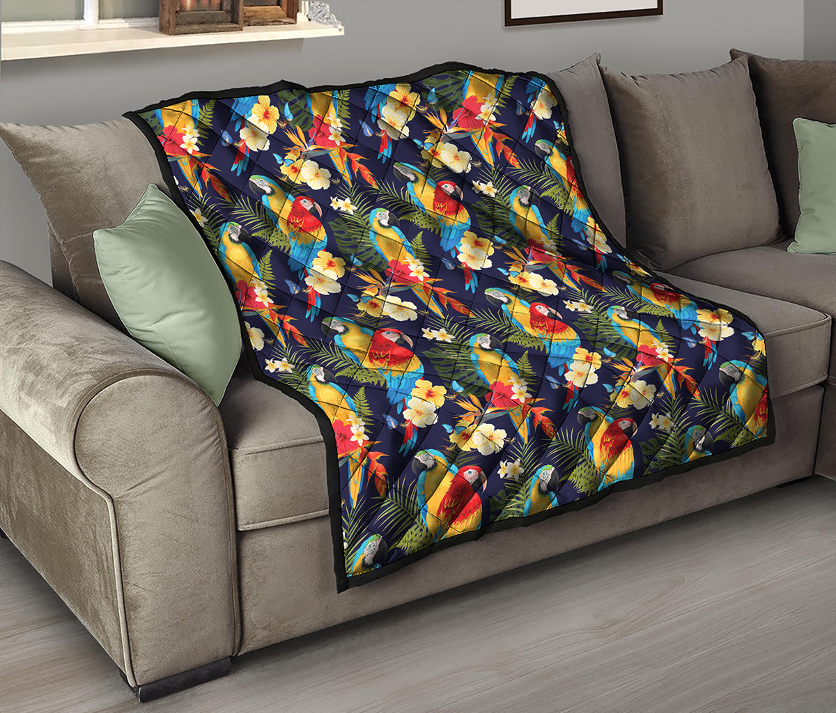 Parrot And Flower Pattern Print Quilt