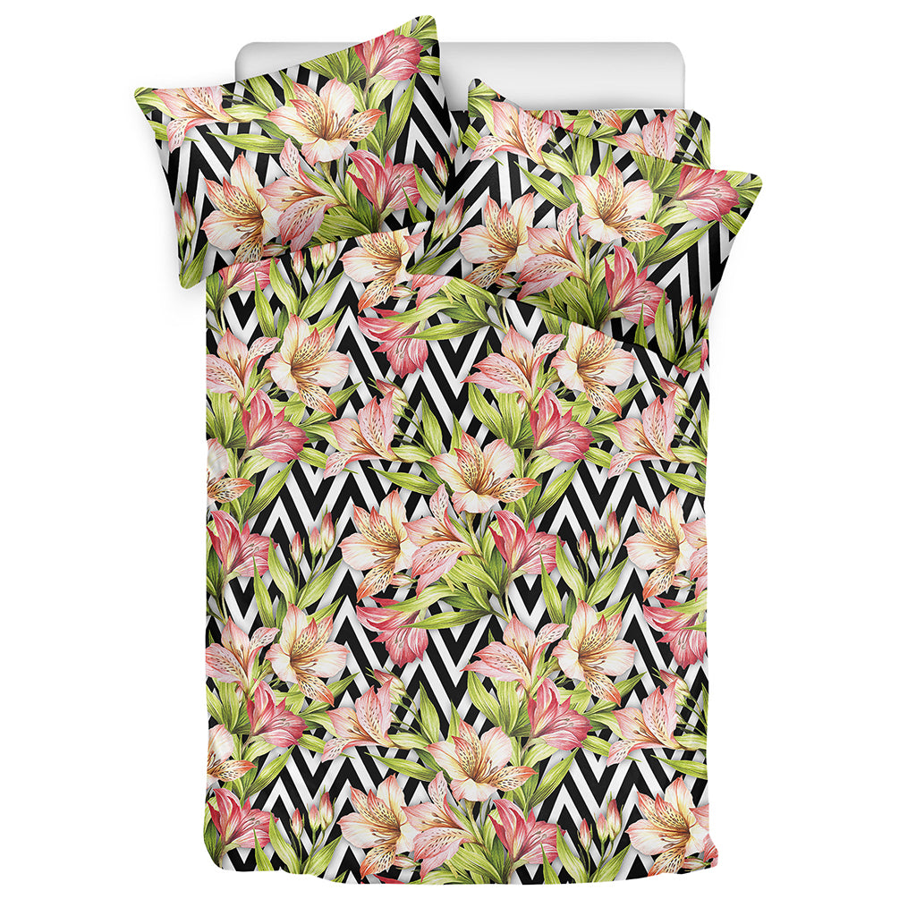 Pastel Alstroemeria Zigzag Pattern Print Duvet Cover Bedding Set