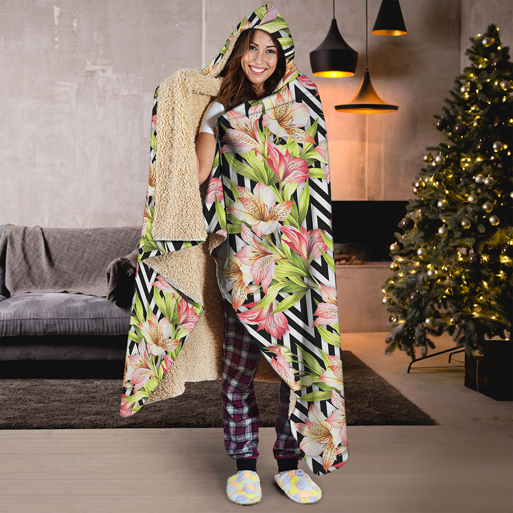 Pastel Alstroemeria Zigzag Pattern Print Hooded Blanket