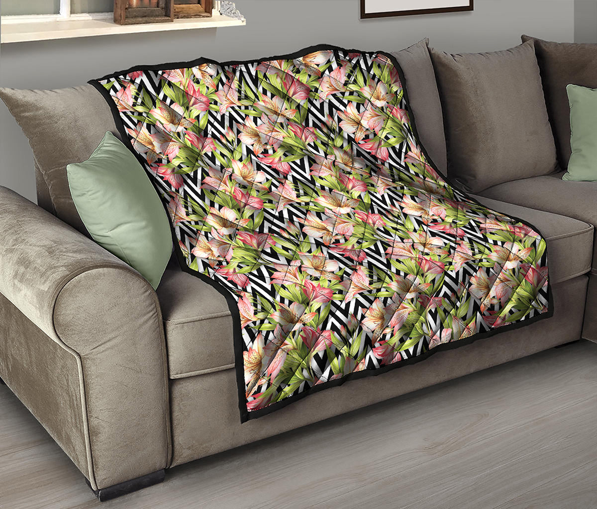 Pastel Alstroemeria Zigzag Pattern Print Quilt