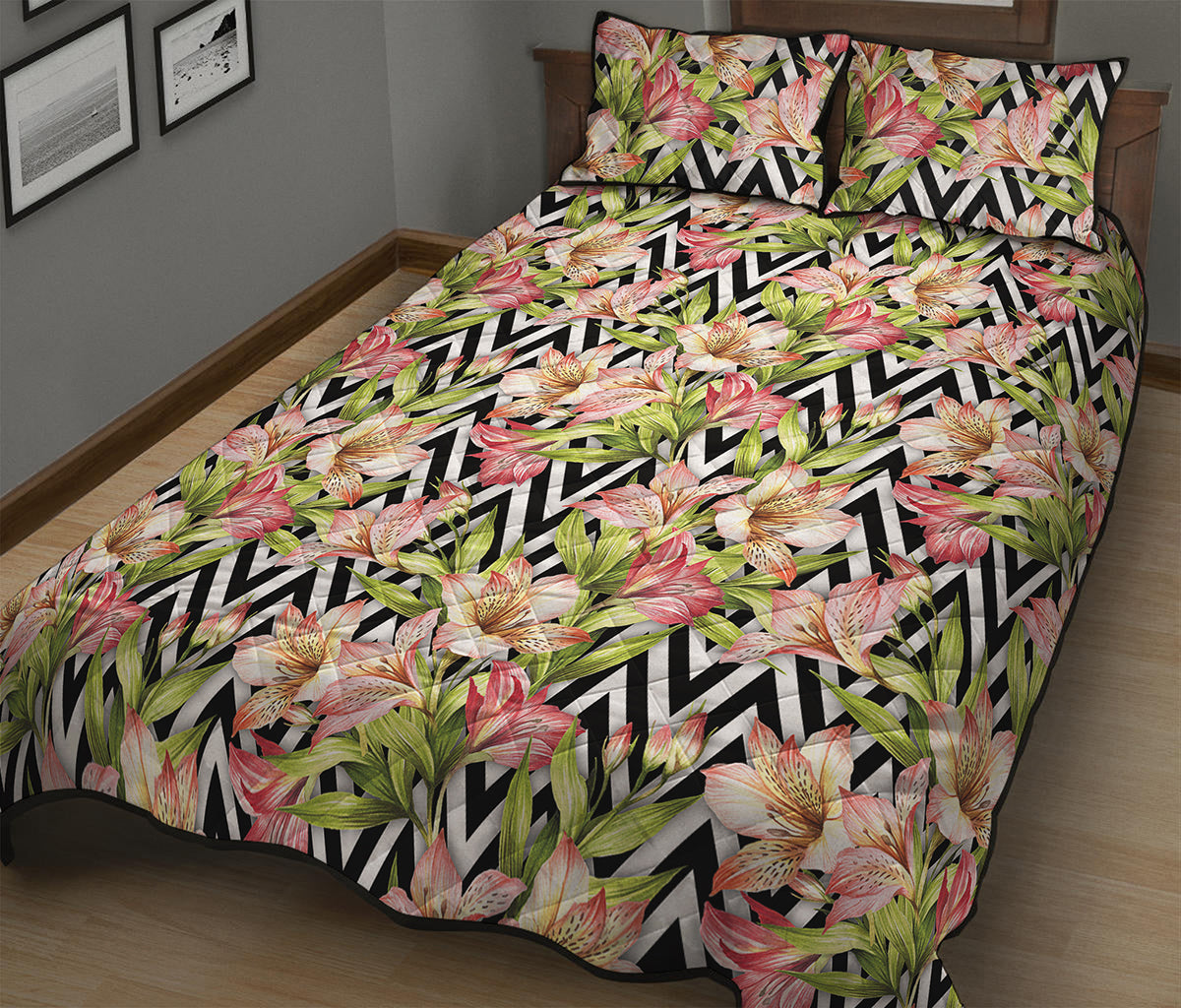 Pastel Alstroemeria Zigzag Pattern Print Quilt Bed Set