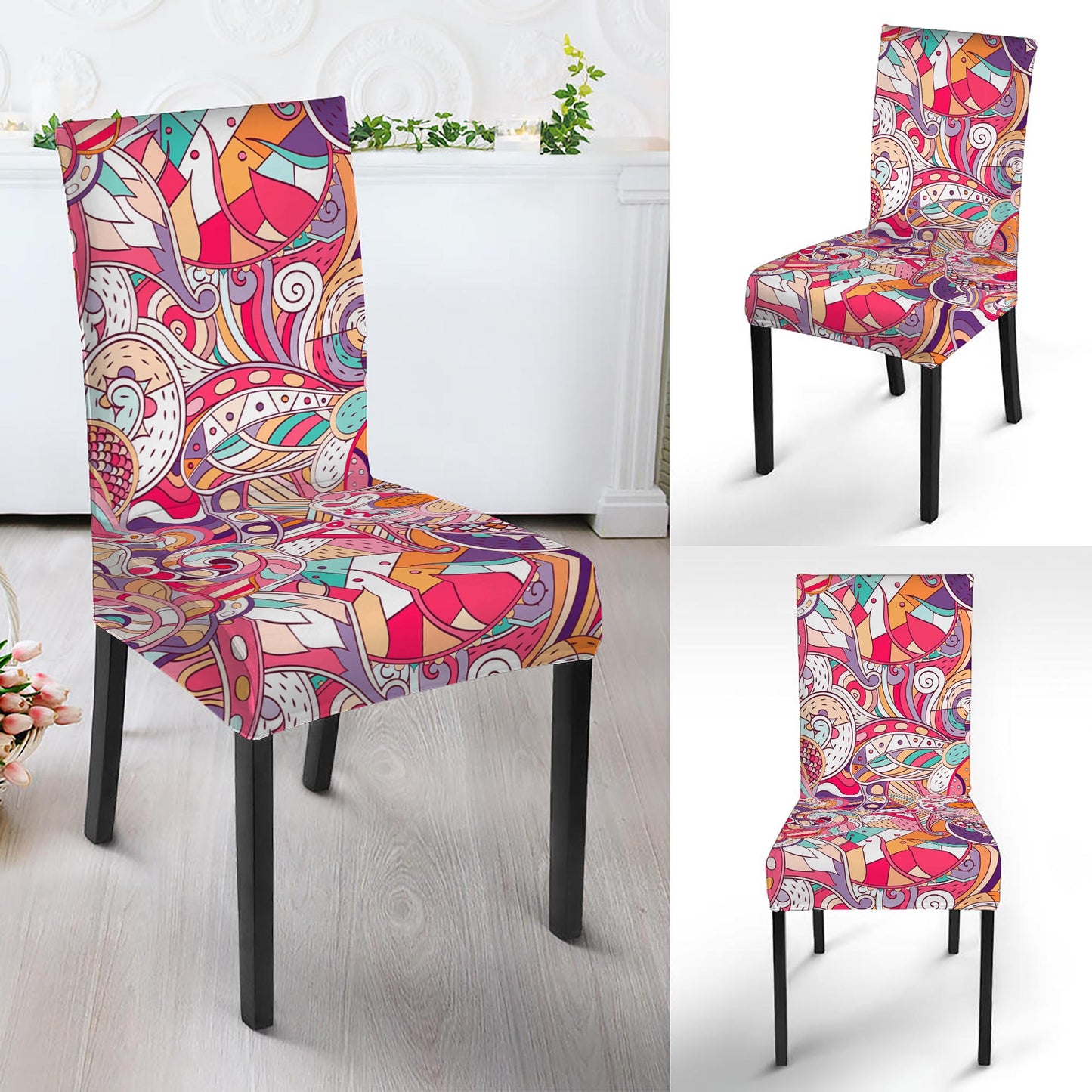 Pastel Bohemian Floral Pattern Print Dining Chair Slipcover