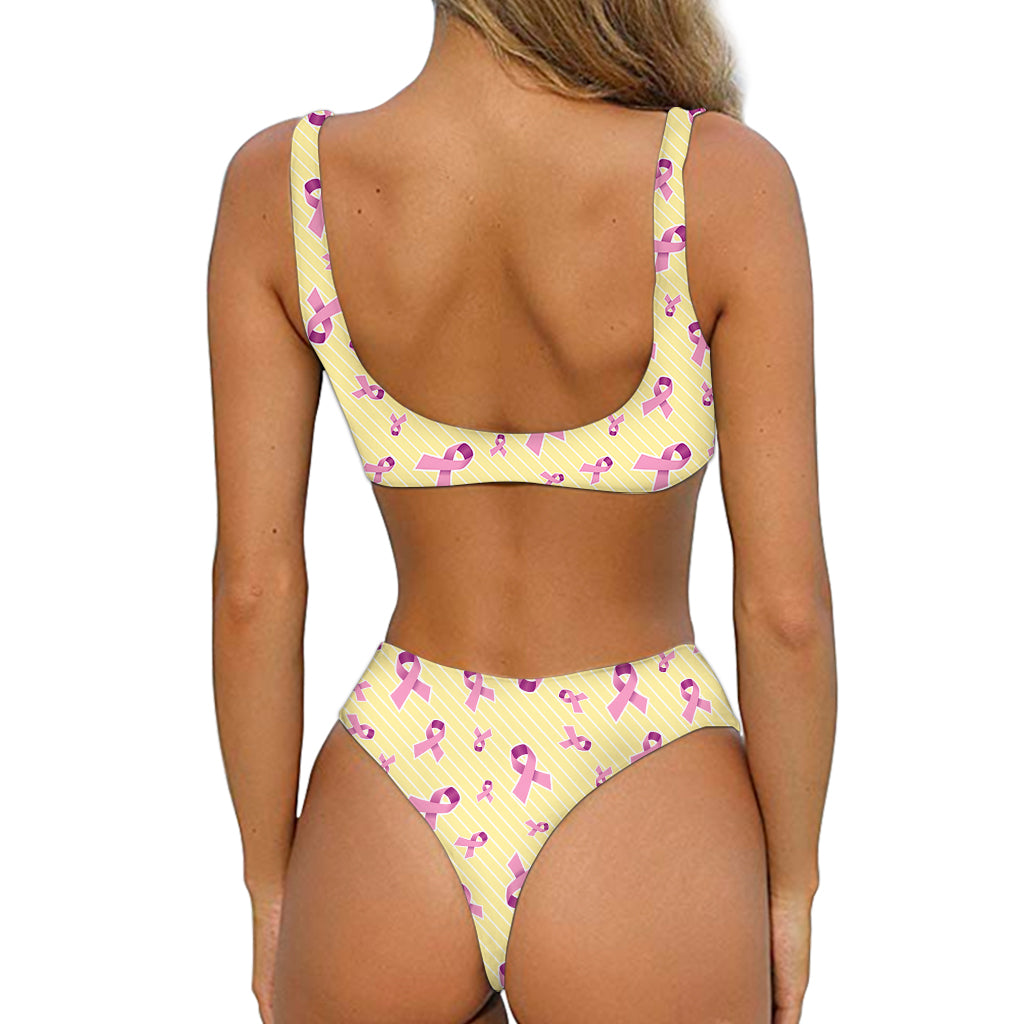 Pastel Breast Cancer Awareness Print Front Bow Tie Bikini