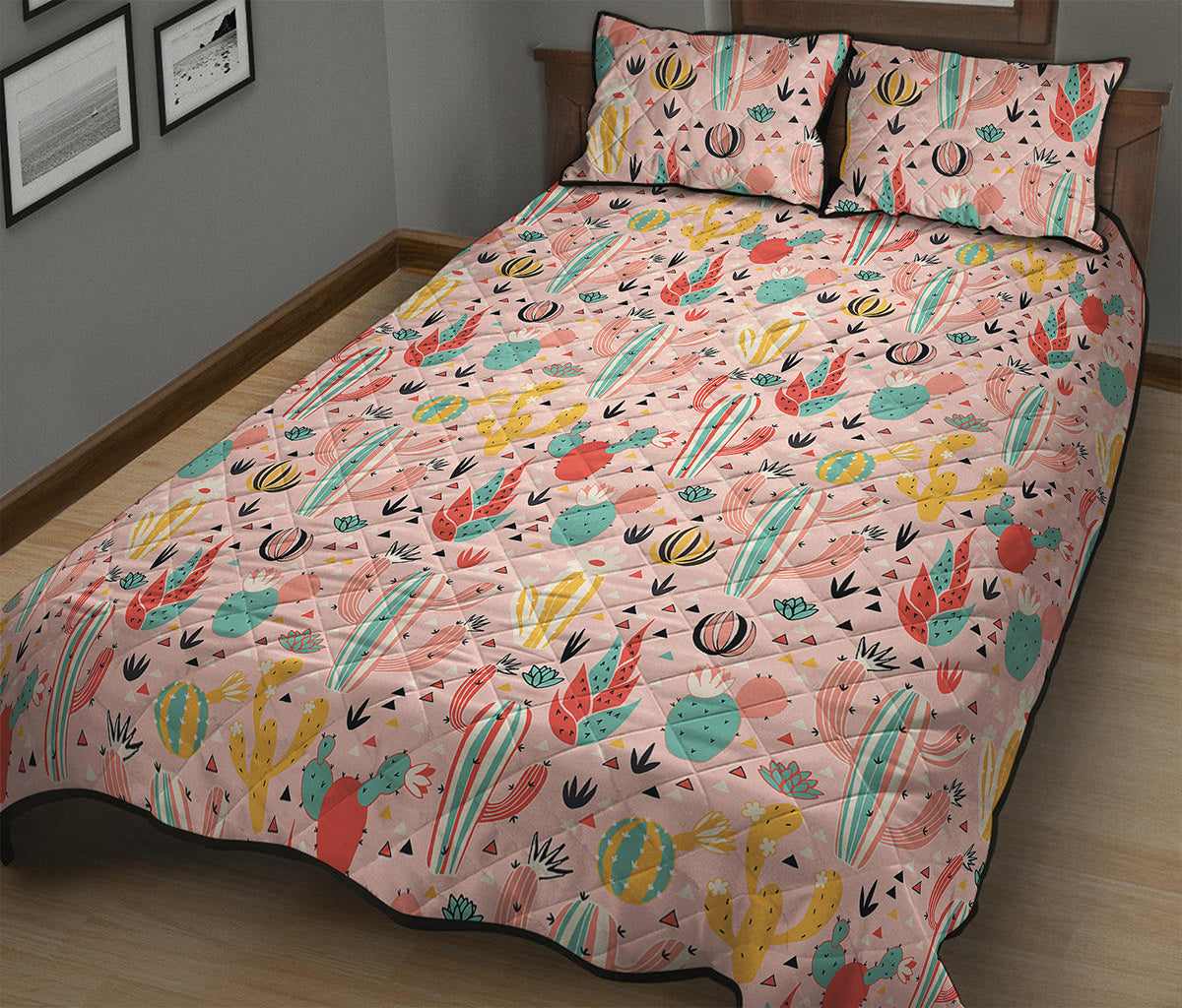 Pastel Cactus And Succulent Print Quilt Bed Set