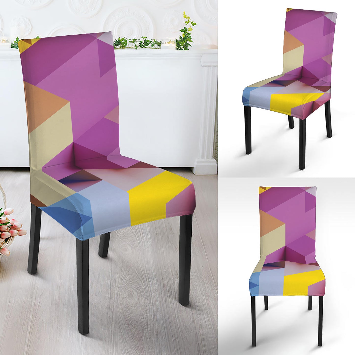 Pastel Geometric Cubic Print Dining Chair Slipcover