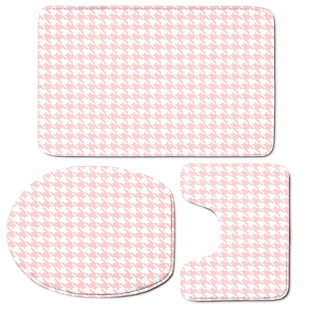 Pastel Pink And White Houndstooth Print 3 Piece Bath Mat Set