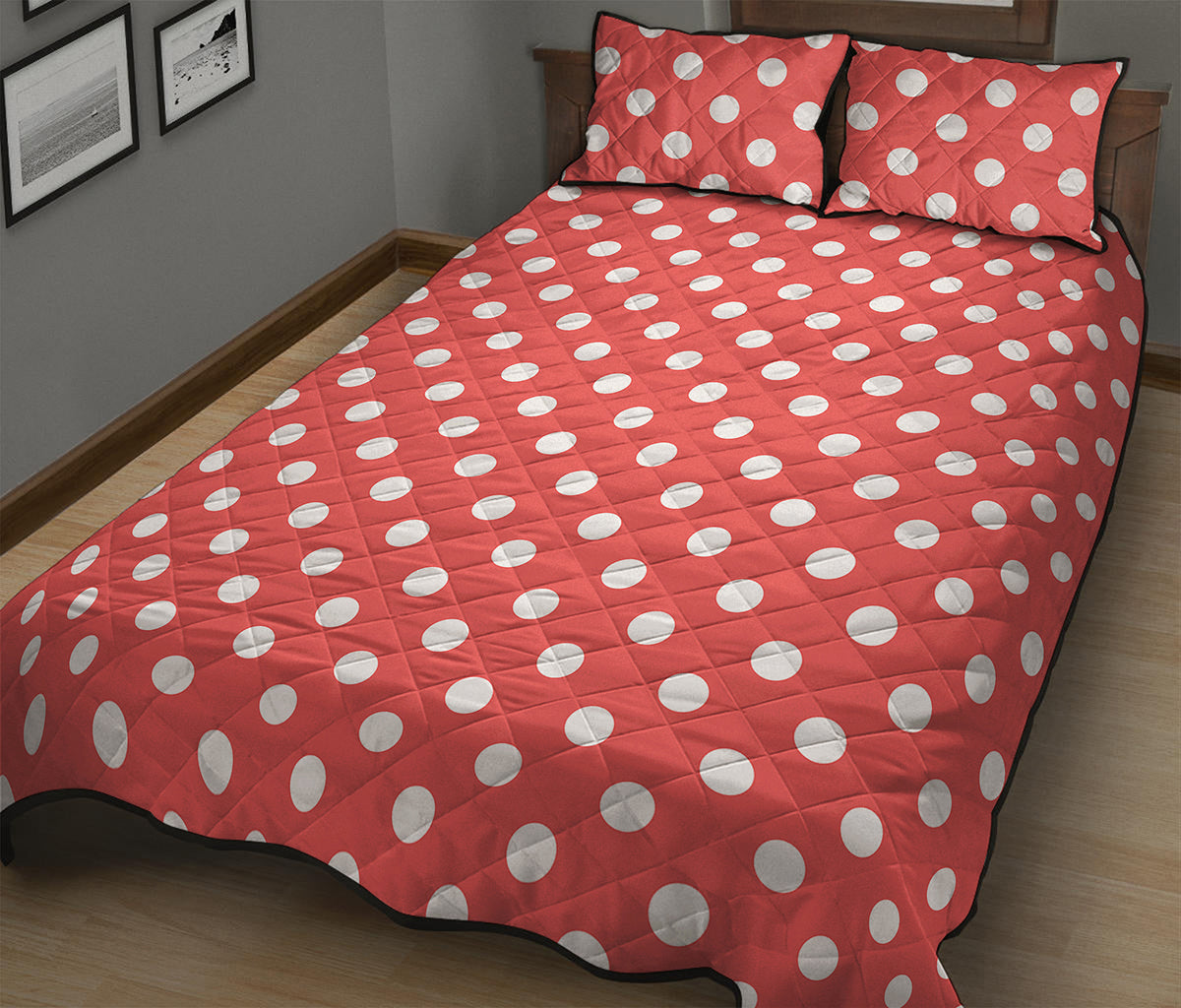 Pastel Red And White Polka Dot Print Quilt Bed Set