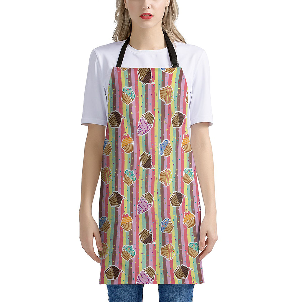 Pastel Striped Cupcake Pattern Print Apron