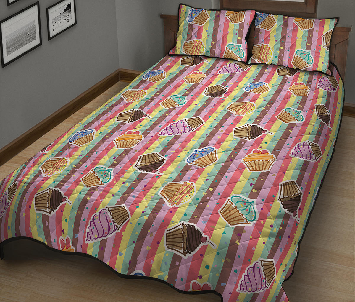 Pastel Striped Cupcake Pattern Print Quilt Bed Set