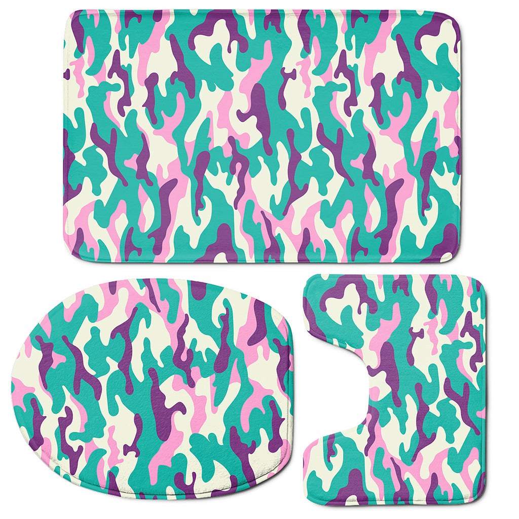 Pastel Teal And Purple Camouflage Print 3 Piece Bath Mat Set