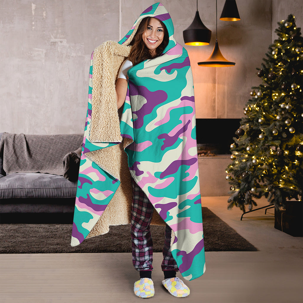 Pastel Teal And Purple Camouflage Print Hooded Blanket
