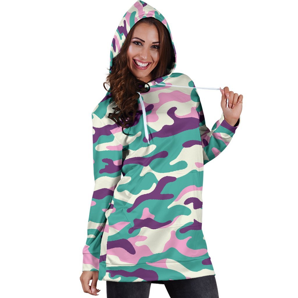 Pastel Teal And Purple Camouflage Print Hoodie Dress GearFrost