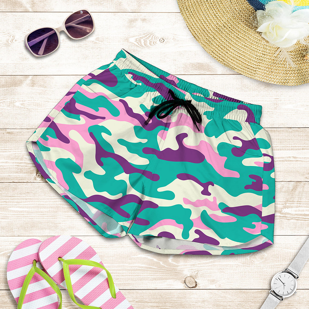 Pastel Teal And Purple Camouflage Print Women's Shorts