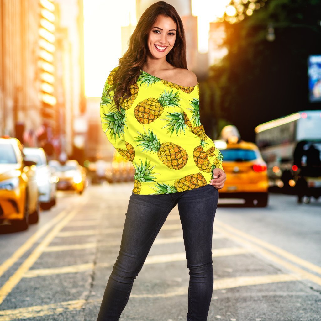 Pastel Yellow Pineapple Pattern Print Off Shoulder Sweatshirt GearFrost