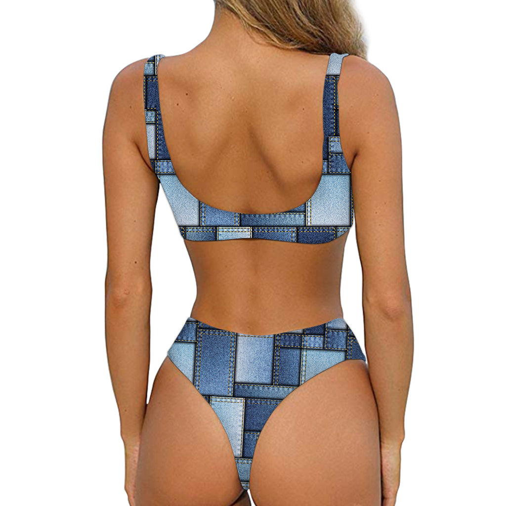 Patchwork Denim Jeans Pattern Print Front Bow Tie Bikini