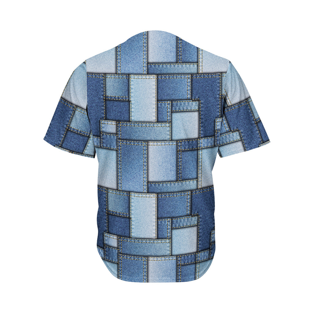 Patchwork Denim Jeans Pattern Print Men's Baseball Jersey