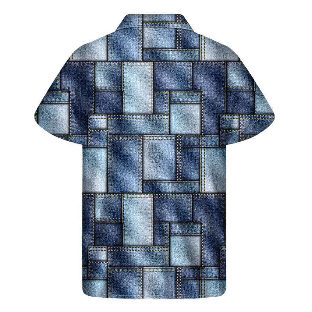 Patchwork Denim Jeans Pattern Print Men's Short Sleeve Shirt