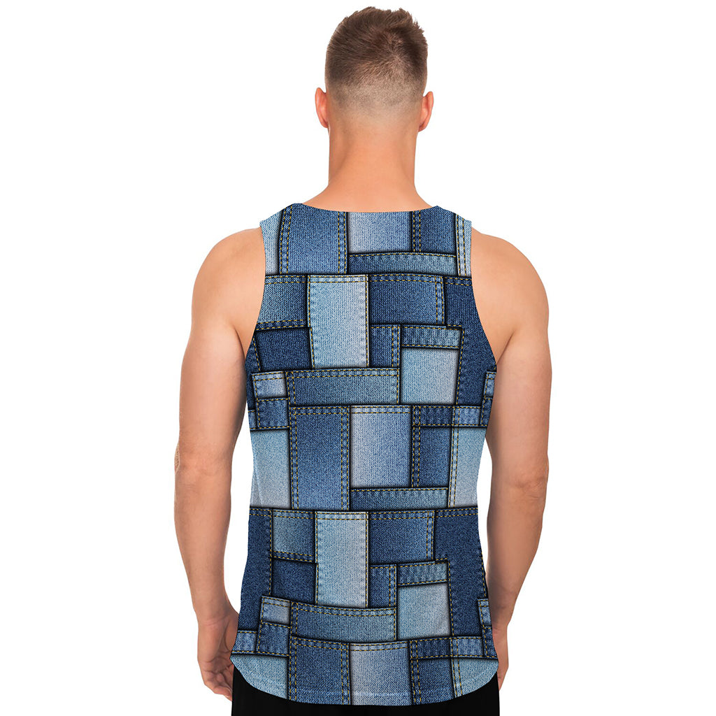 Patchwork Denim Jeans Pattern Print Men's Tank Top