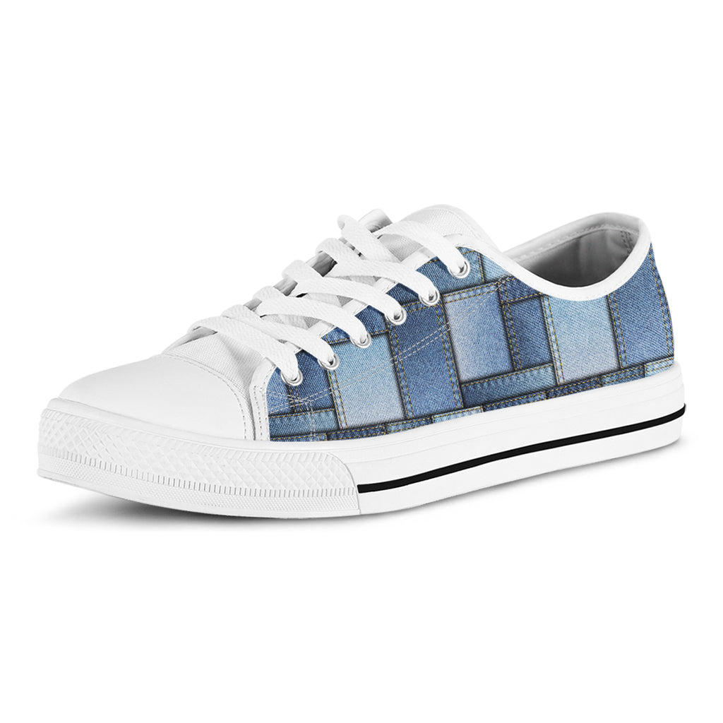 Patchwork Denim Jeans Pattern Print White Low Top Shoes