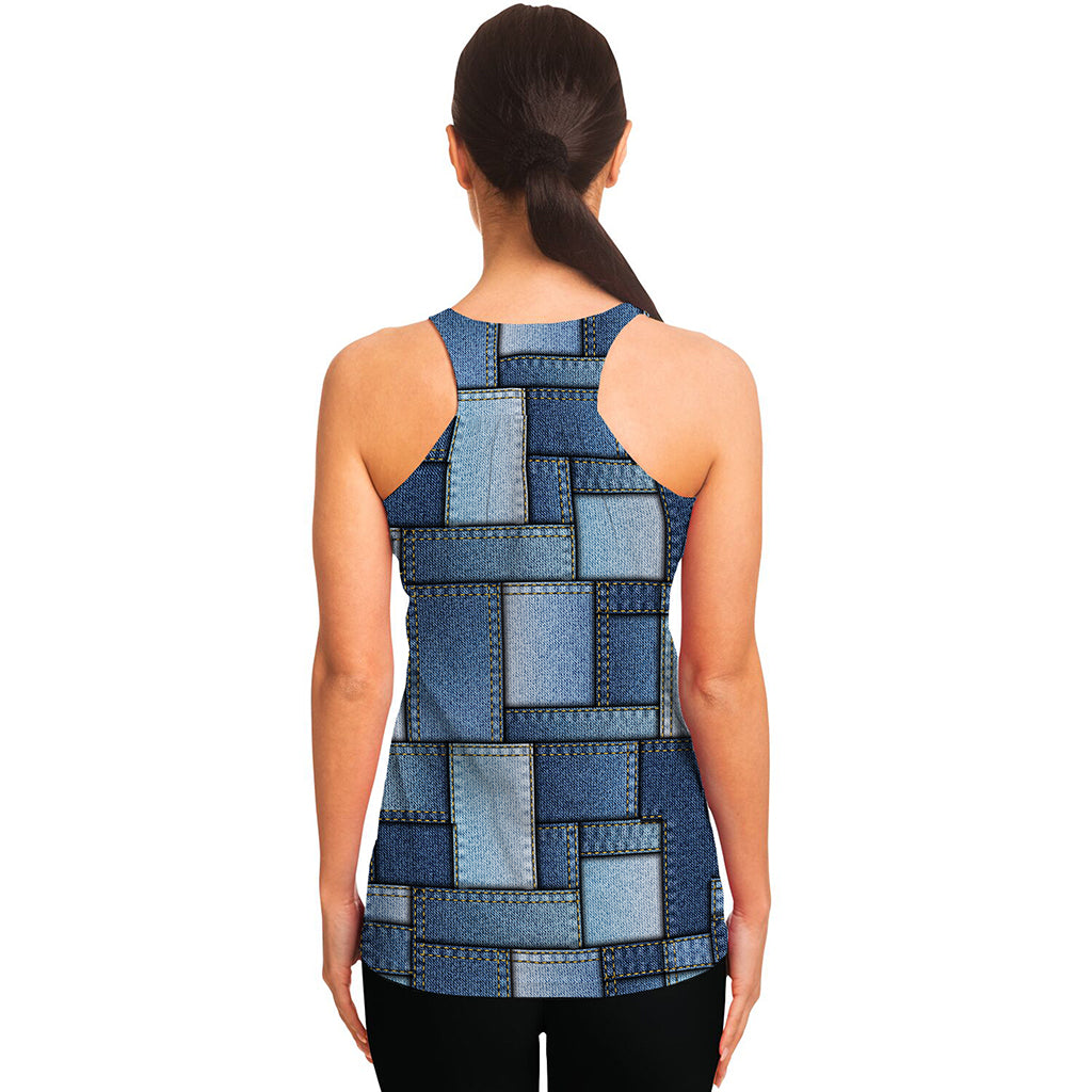 Patchwork Denim Jeans Pattern Print Women's Racerback Tank Top