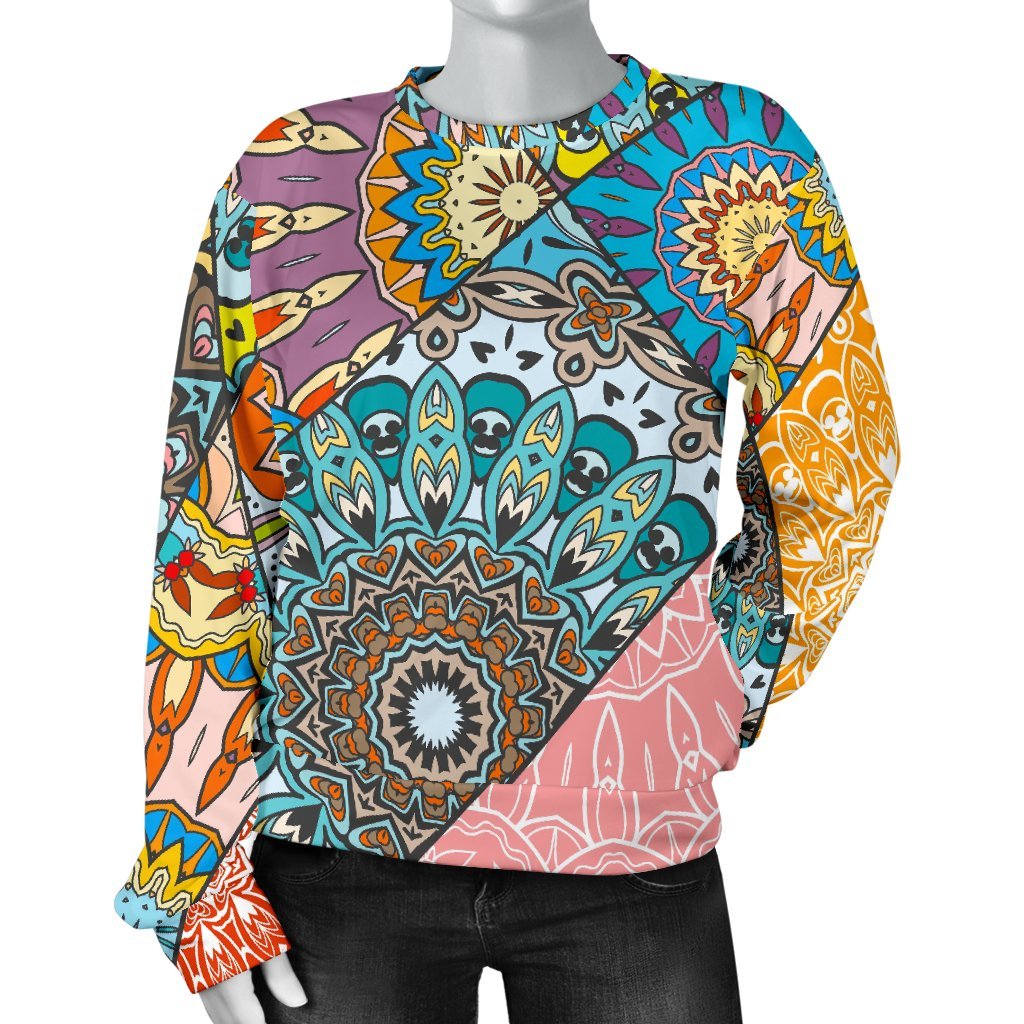 Patchwork Mandala Bohemian Pattern Print Women's Crewneck Sweatshirt GearFrost