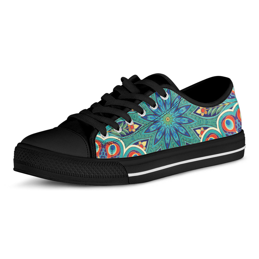 Peacock Feather Floral Pattern Print Black Low Top Shoes