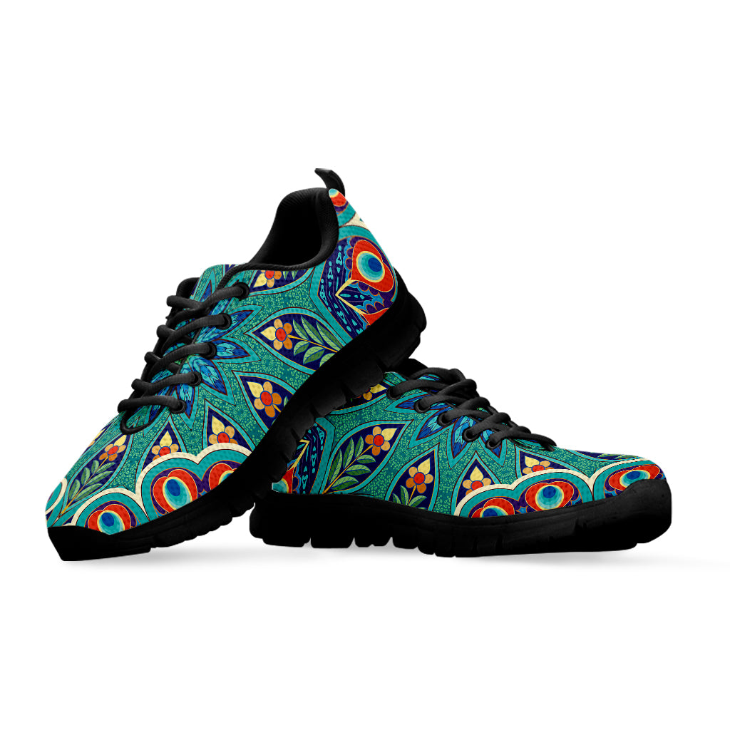 Peacock Feather Floral Pattern Print Black Sneakers