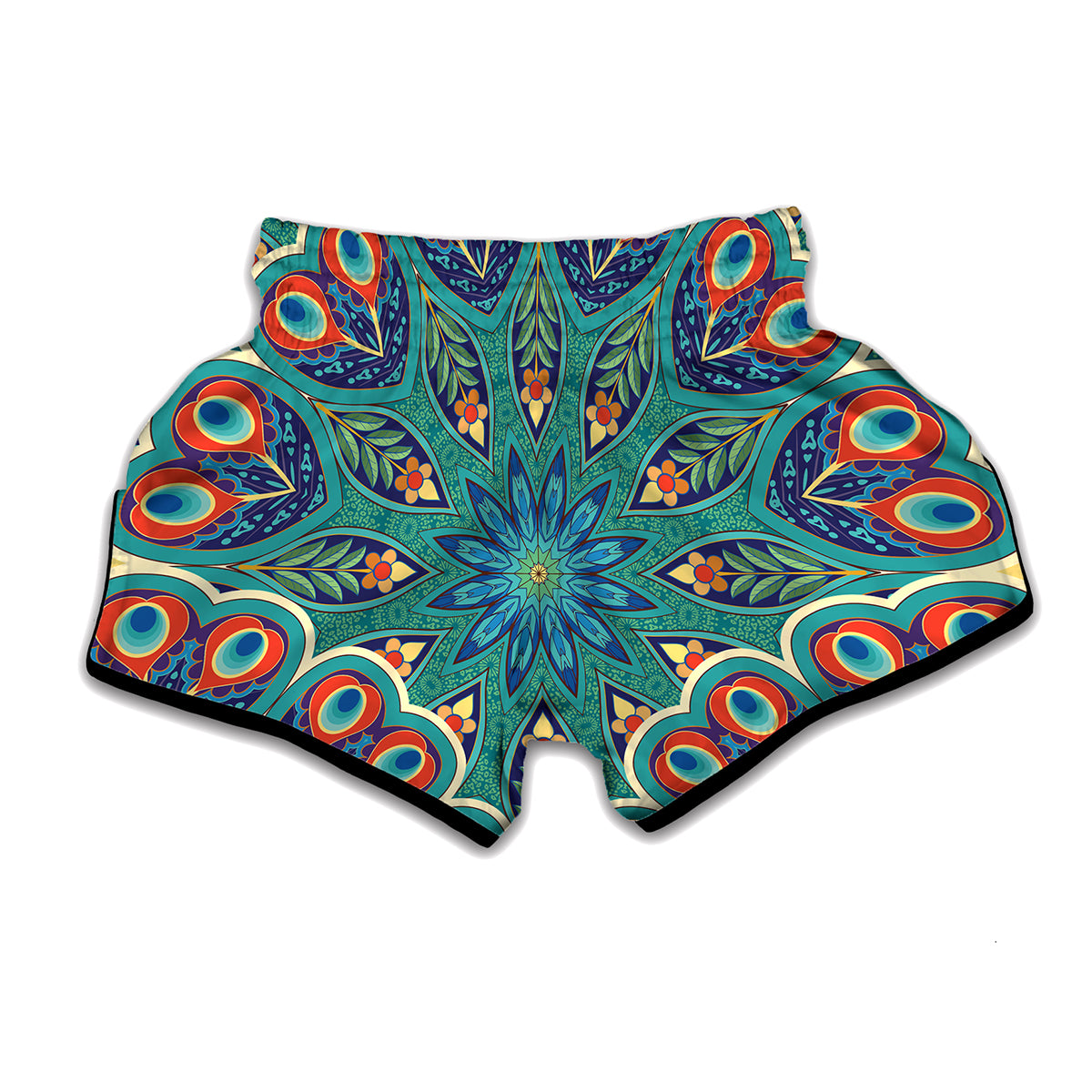 Peacock Feather Floral Pattern Print Muay Thai Boxing Shorts