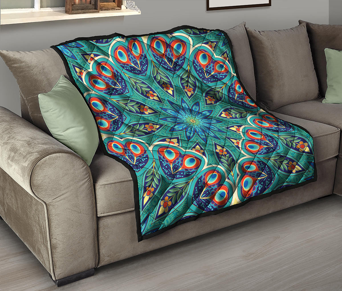 Peacock Feather Floral Pattern Print Quilt