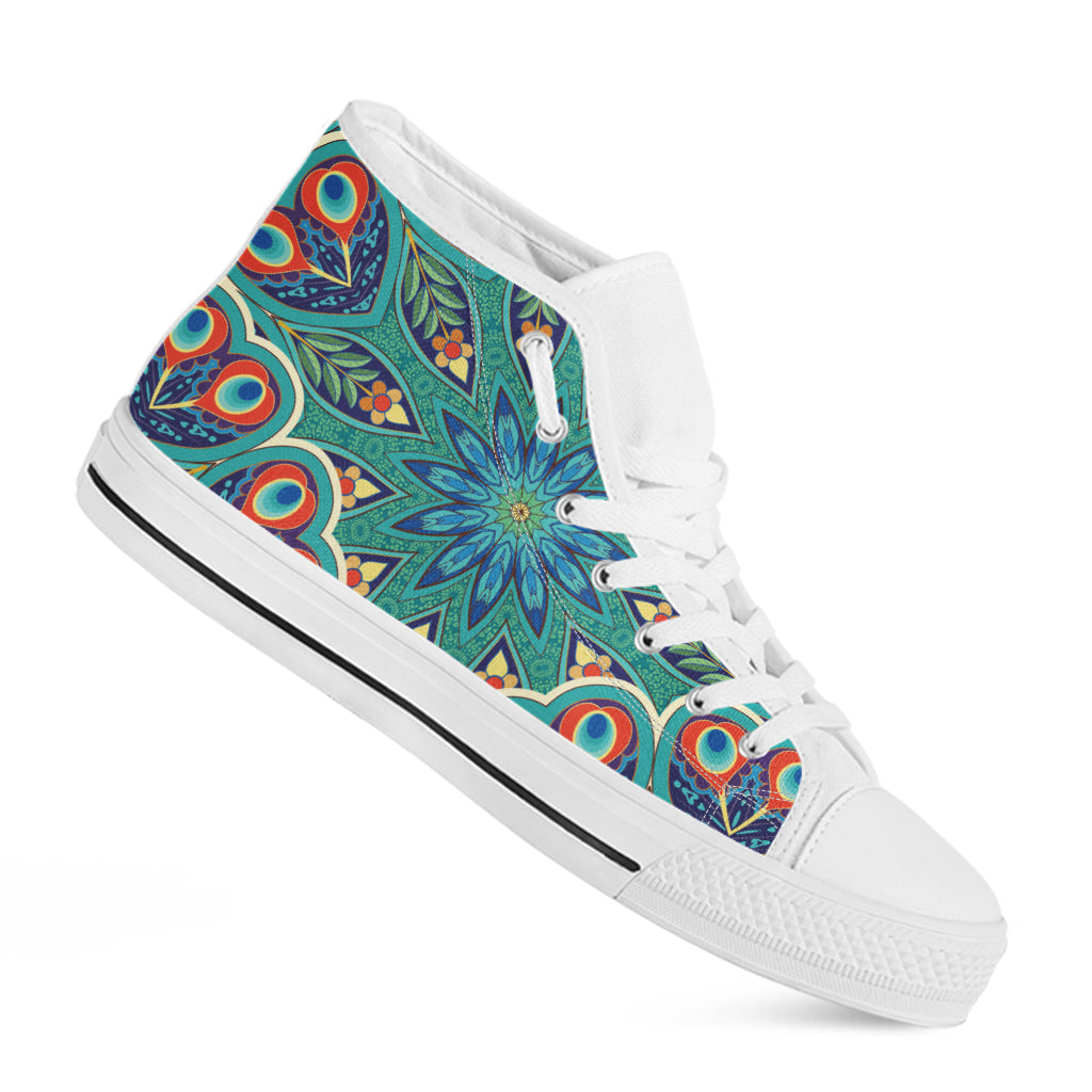 Peacock Feather Floral Pattern Print White High Top Shoes
