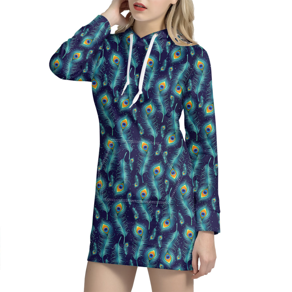 Peacock Feather Pattern Print Hoodie Dress