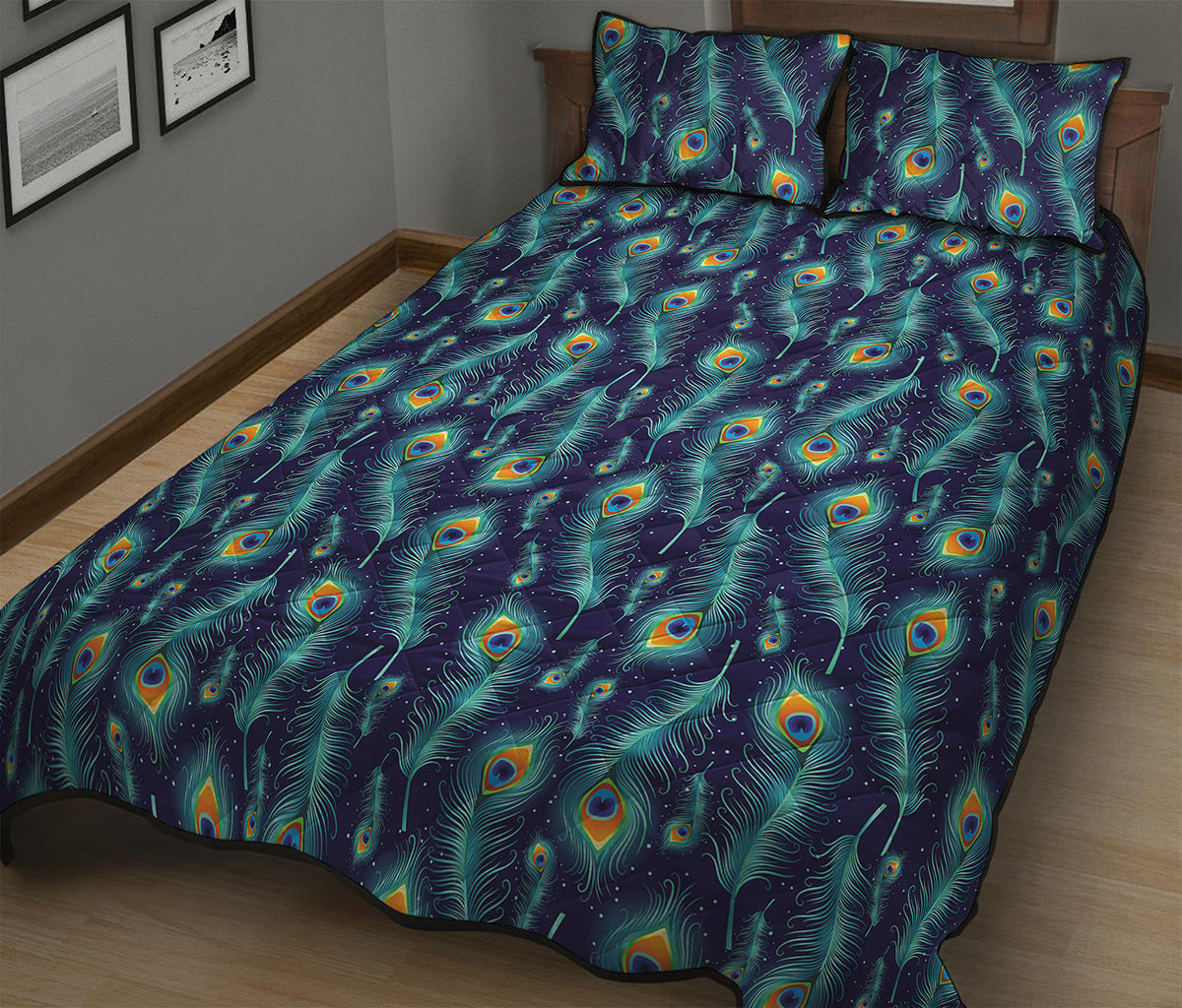 Peacock Feather Pattern Print Quilt Bed Set