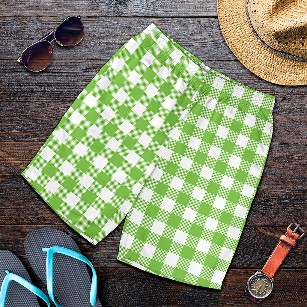 Pear Green And White Gingham Print Men's Shorts